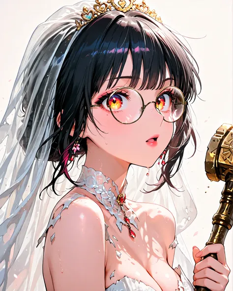 side angle, close-up, character on the right side of the image, facing left(masterpiece, vivid colors, 4k), {1woman}:(beautiful woman wearing a wedding dress a little torn and singed in some parts, short black hair, round glasses and big expressive eyes, w...