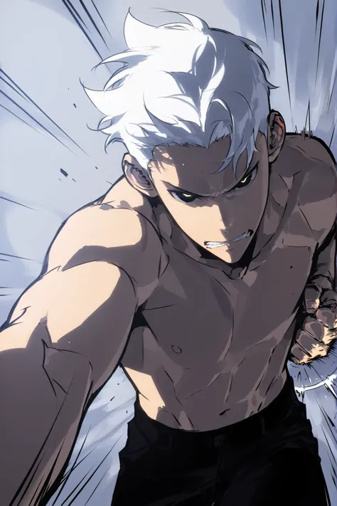 handsome, athletic, single, male, short spiky hair, long white hair, black yellow eye, no shirt, black pants, , complex sketch, expressive eyes, nose and mouth, perforation, angry, Speed line, punching , Athletic body, close face, telegraphed punch