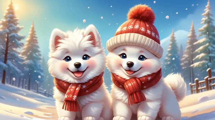 A cute puppy Samoyed wearing a winter hat and scarf, fantasy, cartoon, Disney, pixar, realistic style, concept art,, Style AI Midjourney