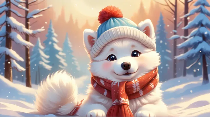 A cute puppy Samoyed wearing a winter hat and scarf, fantasy, cartoon, Disney, pixar, realistic style, concept art,, Style AI Midjourney