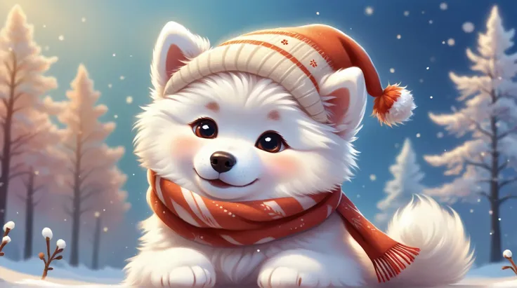 A cute puppy Samoyed wearing a winter hat and scarf, fantasy, cartoon, Disney, pixar, realistic style, concept art,, Style AI Midjourney