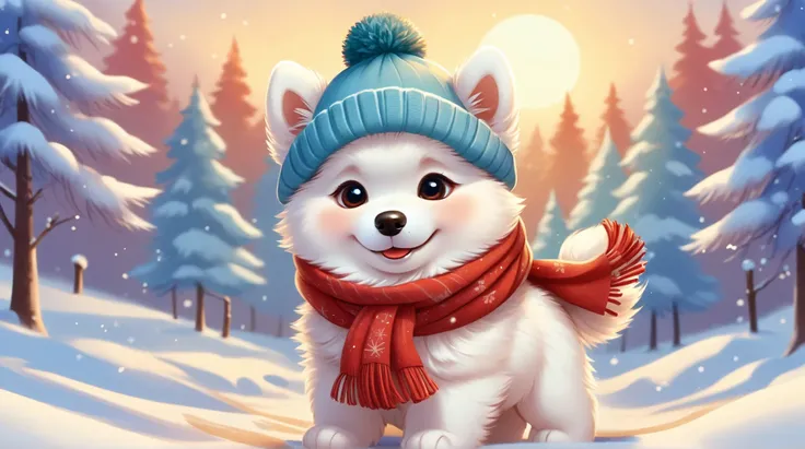 A cute puppy Samoyed wearing a winter hat and scarf, fantasy, cartoon, Disney, pixar, realistic style, concept art,, Style AI Midjourney