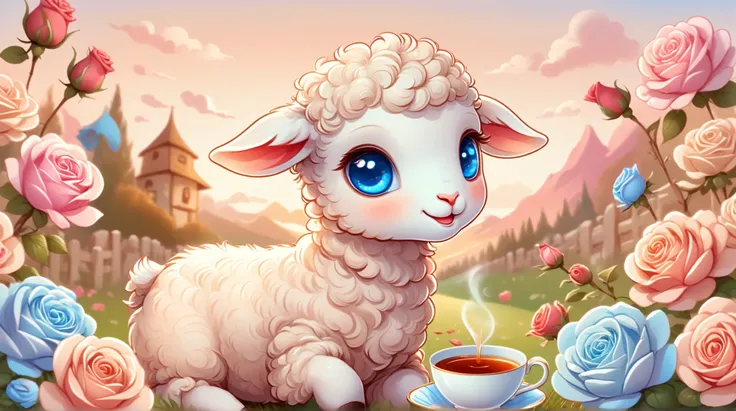  8K Ultra HD, highly detailed, Detailed illustration of a cute lamb with blue eyes grazing, with lots of roses and macrons in the background, tea, two-dimensional,  fantasy art, Background with light brown gradient, Adobe Illustrator,A digital illustration...