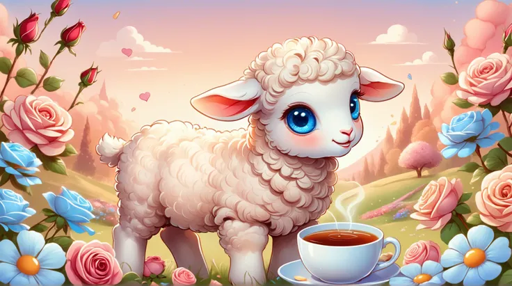  8K Ultra HD, highly detailed, Detailed illustration of a cute lamb with blue eyes grazing, with lots of roses and macrons in the background, tea, two-dimensional,  fantasy art, Background with light brown gradient, Adobe Illustrator,A digital illustration...