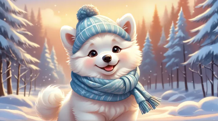 A cute puppy Samoyed wearing a winter hat and scarf, fantasy, cartoon, Disney, pixar, realistic style, concept art,, Style AI Midjourney