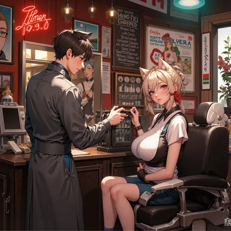 Cute Sexy Cat Women (Cat Girl, age 25, playful tail, cat ears, sexy barber outfit comb and scissors), lovely cat women are running a barber shop (1960s styling in the interior), the Cat women are having great fun flirting with and teasing their male custom...