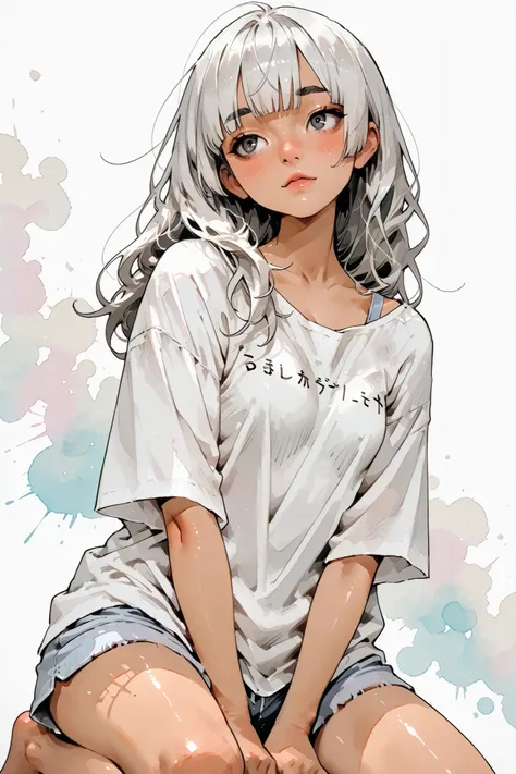 
1girl,Super Detailed,absolute resolution,(dynamic angles),(tanned skin:0.5),Japanese girl,(portrait),(pinup),(from below:1.3),
kneeling,hands between legs,[[head tilt]],[[looking away]],
(plain white oversized T-shirt:1.5),,(untucked T-shirt:1.3),(((clavi...
