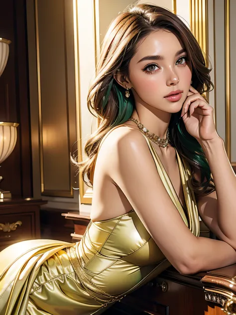 top quality, masterpiece, super high resolution,
shining green hair 1 woman, Type, Slim, tall, beautiful,brown hair,brown eyes,
White Neck Knit Dress with Side Slits, More about the bow, Fitted Silhouette, petite length, Soft cloth texture, cream white,
th...