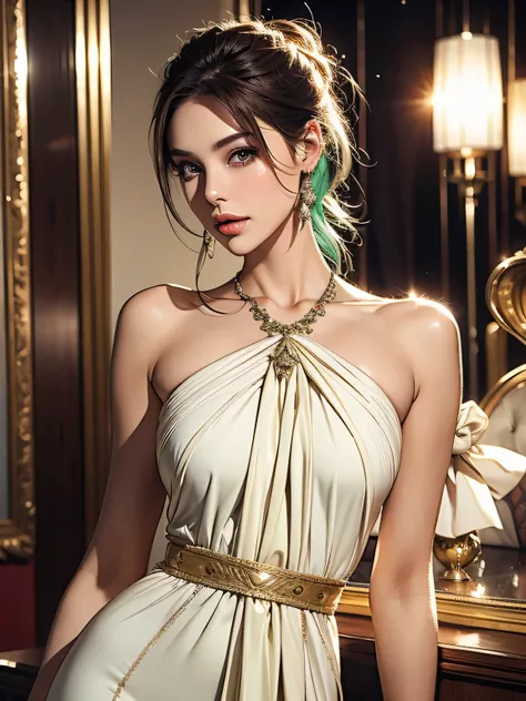 top quality, masterpiece, super high resolution,
shining green hair 1 woman, Type, Slim, tall, beautiful,brown hair,brown eyes,
White Neck Knit Dress with Side Slits, More about the bow, Fitted Silhouette, petite length, Soft cloth texture, cream white,
th...