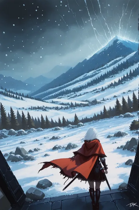 dark gothic,trk,1girl, white hair, armor, cape, red cape, scabbard, sheath, from behind,  
ruins, rock, bush, mountain, snow, snowing, storm, ice, winter, landscape, doorway, scenery, painterly, signature,  
dynamic angle, distant view, windy
