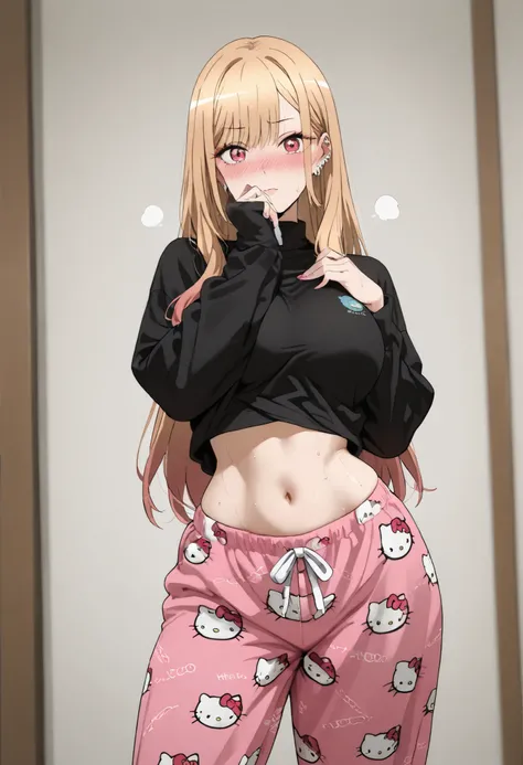 marin kitagawa, large breast, thic thigh,, multicolored hair, blonde hair, long hair, magenta eyes, ear piercing, earrings, pink nails, makeup,, nice legs, looking at viewer, solo, looking at viewer, nose blush, shiny legs, shiny body, shiny hair, clear sk...