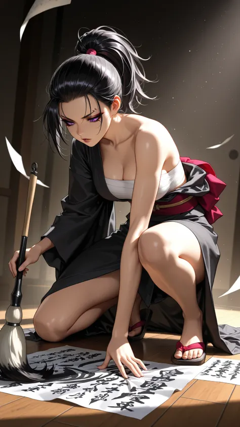 ((( A single sheet of paper spread out to cover the floor ))) , A girl takes a huge brush in both hands and performs calligraphy , Japanese calligraphy performance with a huge brush , Japanese calligraphy girl , In a photography studio ,
1 girl , roundflo...