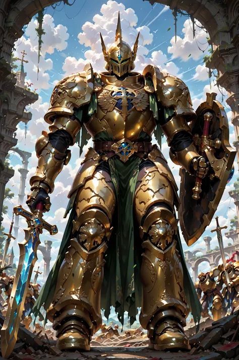 (masterpiece, best quality:1.2), highly detailed, fantasy theme, solo, 1 golem , golden armor, bearer heavy shield and long sword a ruins on background, fan art,
