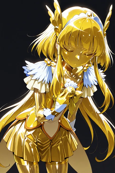 Cure Beauty, masterpiece, best quality, Newest, very high resolution, closed eyes, yellow hair, golden hands, yellow sclera, closed mouth, No students, Yellow skin, shiny skin, metal skin, Black eyebrows, Hanging eyebrows, 1girl, solo, cowboy shot, stand...