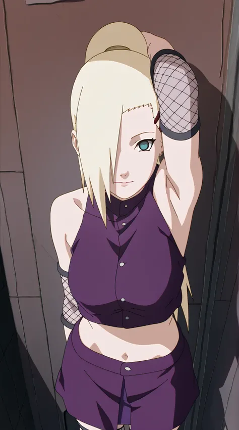 there is a beautiful woman in a purple top and purple pants posing sensualy in the back alley of the village for seducting, inspired by INO, rendered in sfm, yamanaka ino from naruto, anime styled 2d, cinematic bust shot, ino yamanaka, looking like ino yam...