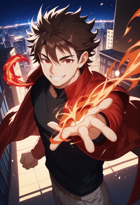 dark brown hair, man, red eyes, white skin, strong, strong physique, black shirt, focus on character, city in background, night, smiling, cheerful, messy hair, looking at viewer, anime style, young, athletic, wizard, Gojou Satoru, Magic, Red magic, Red mag...