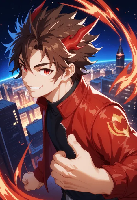 dark brown hair, man, red eyes, white skin, strong, strong physique, black shirt, focus on character, city in background, night, smiling, cheerful, messy hair, looking at viewer, anime style, young, athletic, wizard, Gojou Satoru, Magic, Red magic, Red mag...