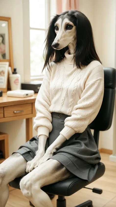a girl sitting in a salon chair getting her hair dyed. Set in a Hair Salon. saluki, sighthound, black fur, paws, sweater blouse, cute skirt