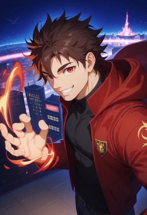 dark brown hair, man, red eyes, white skin, strong, strong physique, black shirt, focus on character, city in background, night, smiling, cheerful, messy hair, looking at viewer, anime style, young, athletic, wizard, Gojou Satoru, Magic, Red magic, Red mag...