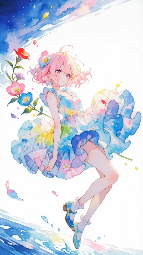 Solo one girl, super cute, 
very cute designer dress, frill, socks, shoes, floating, dynamic pose, 
masterpiece, best quality, anime artwork, very beautiful face, (detailed eyes:1.2), perfect eyes, high res, detailed background, super fine illustration, de...