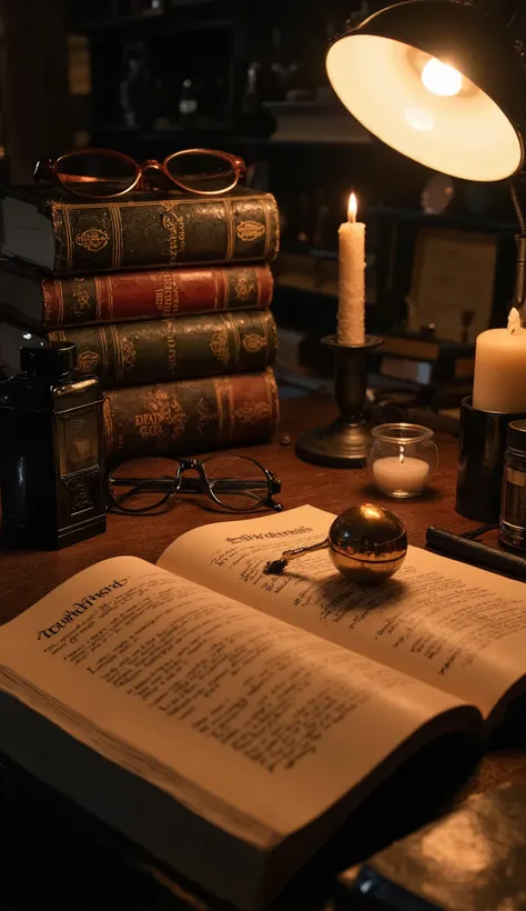"A vintage Hogwarts-inspired study desk — stacked ancient spellbooks, handwritten notes with ink and quill, golden snitch resting on an open book, potion bottles, an old candle flickering, glasses like Harry Potter’s on top of parchment, warm golden light ...