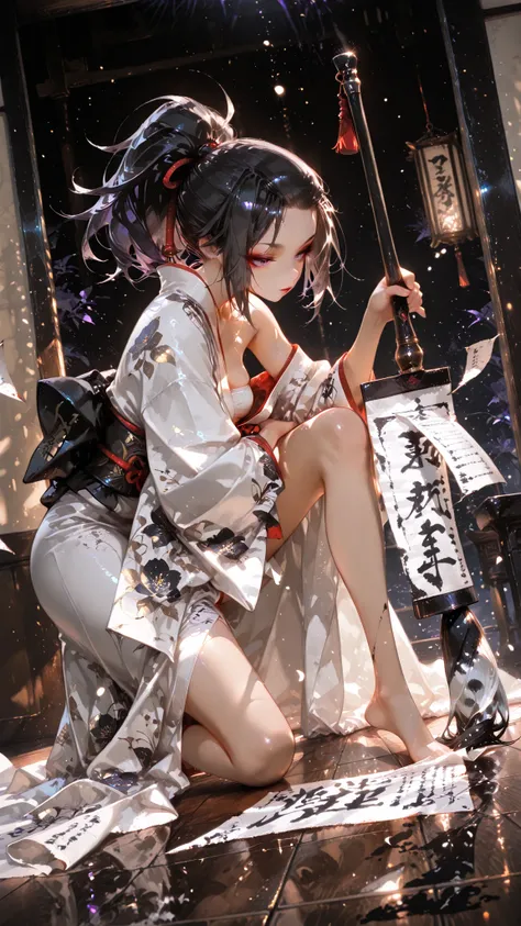 ((( A single sheet of paper spread out to cover the floor ))) , A girl takes a huge brush in both hands and performs calligraphy , Japanese calligraphy performance with a huge brush , Japanese calligraphy girl , In a photography studio ,
1 girl , roundflo...