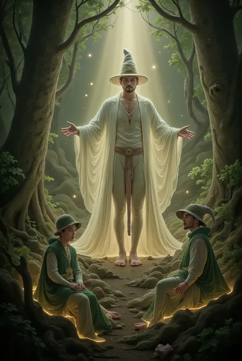 Merlin the enchanter enters a magical and illuminated forest .Leprechauns high as a mushroom go for a walk with him