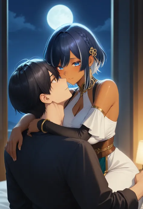 masterpiece,top quality,great quality,very high resolution,Newest, 2 men and women、 male in his 30s(short wolf-cut black hair、Brown skin、Solitary、Gao Jie、Fierce、Quiet、Silence、Lonely、kind)、 A woman dressed as a man in her 20s(white, moon-colored hair in a s...