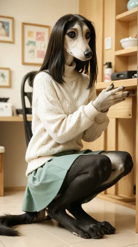 a girl sitting in a salon chair getting her hair dyed. Set in a Hair Salon. saluki, sighthound, black fur, paws, sweater blouse, cute skirt