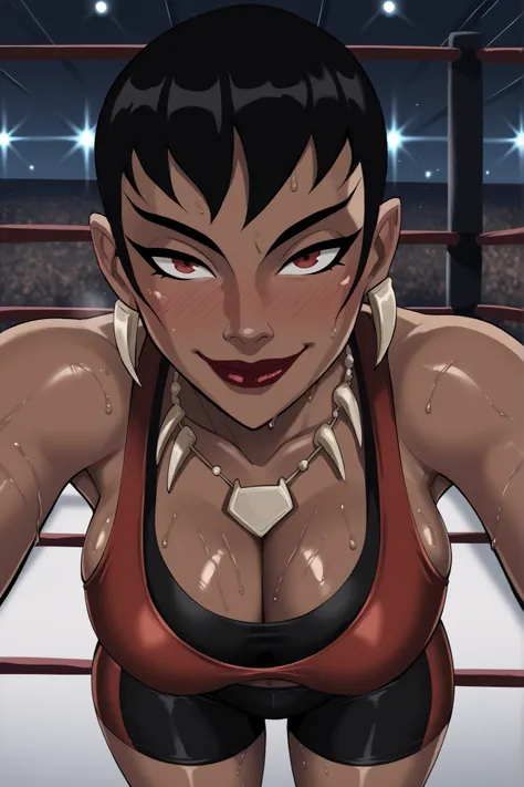 PonyXLV6_Scores BREAK (((parody)), perfect anatomy, perfect eyes, cowboy shot) BREAK mari mccabe, short hair, black hair, dark-skinned female, red eyes, ((looking at viewer)), jewelry, necklace, earrings, cleavage, jet black sports bra, jet black bike shor...