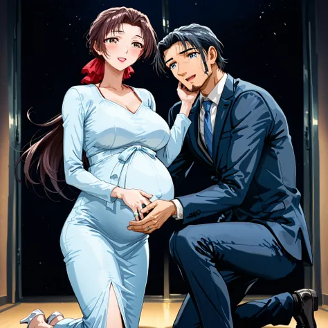 Sayoko Saeki standing in front of her kneeling boyfriend. Sayoko is wearing a long, light blue dongtan dress. Standing, kneeling on one knee, smiling, joy, happy tears, diamond ring in his hand, Pregnant, 9 months pregnant, 1 man, 1 woman, Brown Hair, Long...