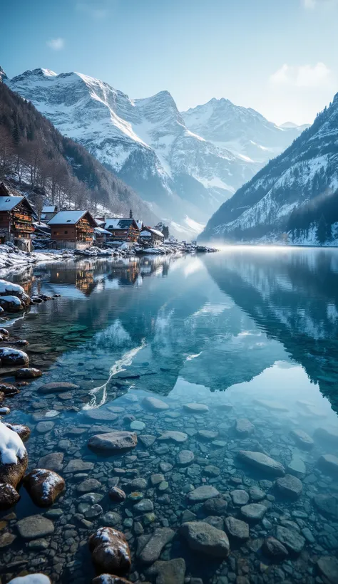 A wide shot of the winter village of Hallstatt, Austria. Snow-covered Alpine huts stand on the shore of a transparent, sparkling, crystal-clear lake. The water is completely transparent, revealing the white lakebed. The mirror-like reflection of the snowy ...