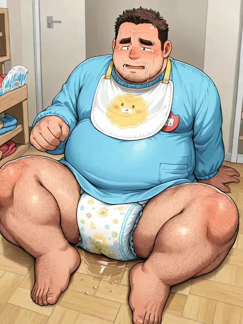 big fat dad, middle-aged,wide forehead,severe thinning hair,round face,stubble,hairy body,tearful,Diaper(plain),cute Bib,kindergarten uniform,high quality,無修正,Japanese,Sitting floor and playing in cute playroom, The floor beneath him has a small puddle of ...