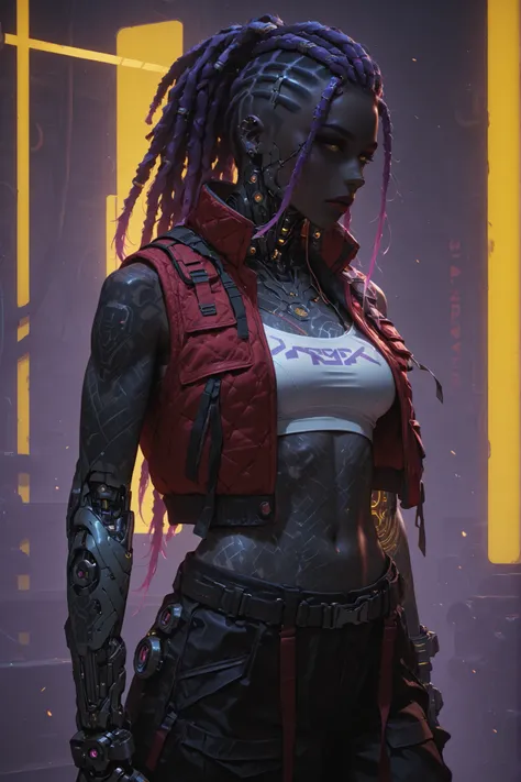 A futuristic, cyberpunk-style hyperrealistic digital artwork featuring a pale-skinned female character with long braided hair and dreadlocks and a sexy, tattooed body. The character, adorned with mechanical enhancements, wears a red vest over a low-cut whi...