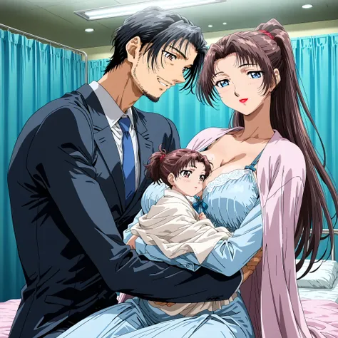 Sayoko Saeki laying in bed, wearing a hospital negligee and she is holding a baby wrapped in a pink blanket while her boyfriend is beside her, 1baby, 1 man, 1 woman, Brown Hair, Long Hair, Short Hair, ponytail, Black Hair, Facial Hair, warm smile, Large br...