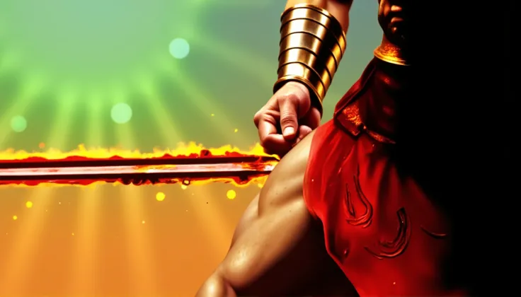 Hercules strikes Ares in the thigh with a red sword

Dramatic close-up of a sword strike striking the thigh of Ares, the god of war. The blade gleams with blood as it pierces his golden armor, tearing through divine muscles. An expression of surprise and p...