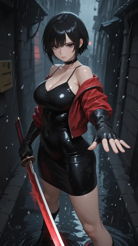 masterpiece, highres, absurdres, amazing quality, good quality, very aesthetic, medium close up shot, a woman, short black hair, she has dark eyes, she looking at viewer, wears black mini silk dress, off shoulder, red jacket, black leather gloves, beautifu...