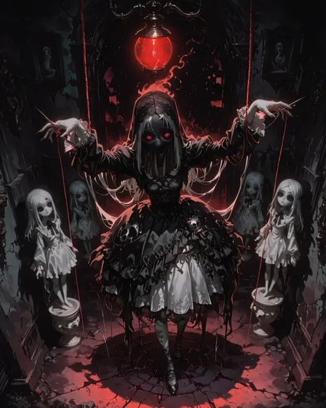 High-angle shot, full body (masterpiece, 4k, detailed image), {1girl}: (small, child-sized ghostly figure, appearing to be 6-8 years old, with a creepy porcelain doll face, wearing a delicate yet disturbing funeral veil and a tattered, layered dress made o...