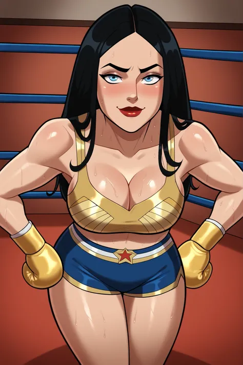  score_9, score_8_up, score_7_up, score_6_up, BREAK, solo, 1girl, wonderwoman, long hair, black hair, blue eyes, large breasts, cleavage, curvy, athletic, smile, closed mouth bedroom eyes, sultry expression, looking at viewer, lipstick, makeup, gold sports...