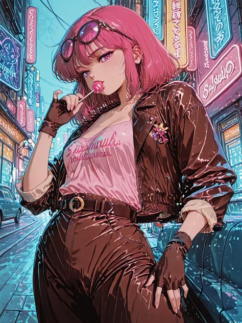 An ultra-stylized 1980s anime frame, inspired by vintage hand-drawn cel animation. The scene captures a charming, rebellious woman driving a retro sports car at high speed through a neon-lit city at night. The perspective is dynamic — low-angle shot from t...