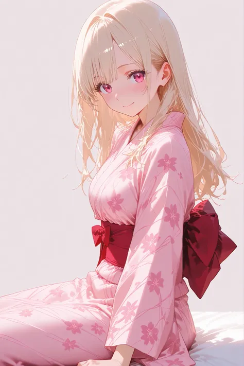Masterpiece, super high resolution,1 girl、pink yukata,sitting、staring at the viewer、 kind smile、Blush、Light Beige Hair、no hair ornament、white background、no background