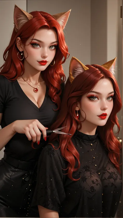 score_9, beautiful women, two women, big breasts, wide hips, red hair, half-cat women, cat ears, one of them is a hairdresser cutting the other's hair, beauty salon, high quality, detailed