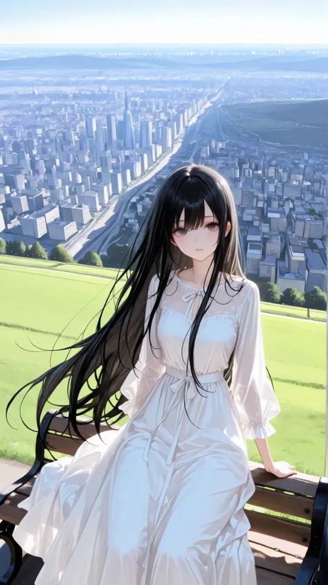 １girl with long hair,very long black hair super long hair,Front view,The outfit is a mysterious and beautiful white dress,looking straight at me、The location is a bench on a hill with a panoramic view of the city