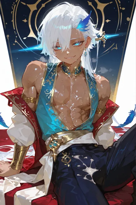 
1boy focus. young latino boy toned  white freckles 15 year old boy who is lean muscular body big manly chest , soft glowing fair dark  skin, white hair  messy spikey fad huge hairstyle fringe hair  sticking to forehead. big sparkling dark blue eyes , wear...