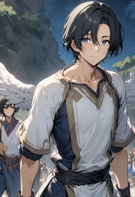 Young man with black hair , with white wings , dressed in tunics, Mirada Serena, short hair