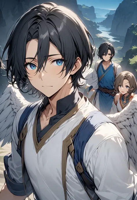 Young man with black hair , with white wings , dressed in tunics, Mirada Serena, short hair