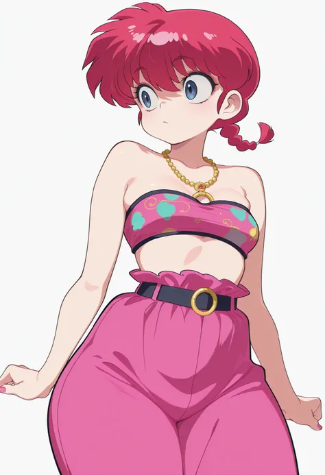 safe_pos, Ranma Saotome. red hair. pigtail. blue eyes. braid. small breasts. huge hips. necklace. black eyeliner. pink manicure. | masterpiece,best quality,amazing qualily, 1girl, print obandeau,o-ring standing,cowboy shot, simple background, white backgro...