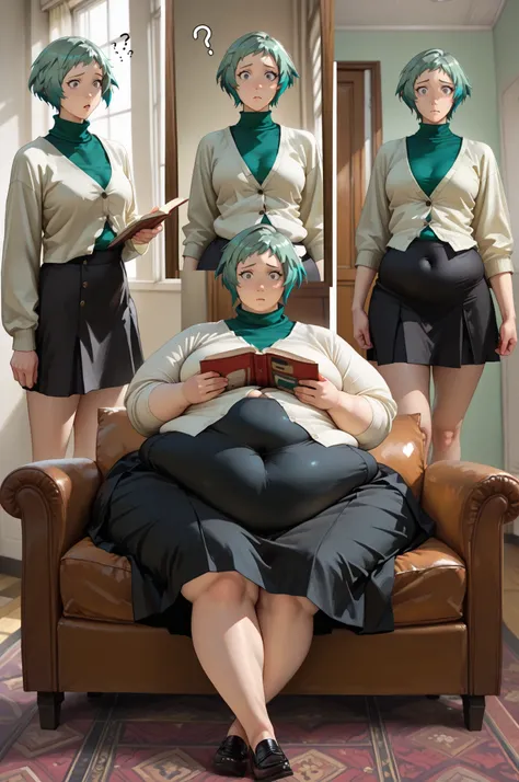 1girl, fuuka,weight gain sequence
before and after
multiple views
expressions, skinny, thin, weight gain, , (bursting belly:1.2) sequence, (chubby), plump, sitting on a couch reading a book, legs crossed, (confused emotions:1.2)(fuukasummer, aqua hair, sho...