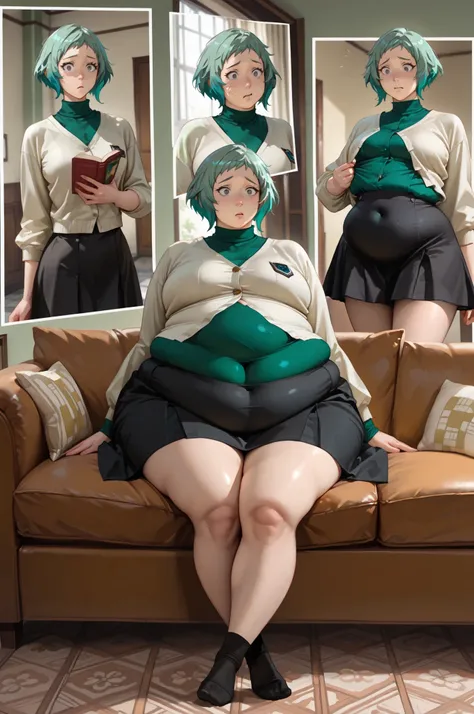 1girl, fuuka,weight gain sequence
before and after
multiple views
expressions, skinny, thin, weight gain, , (bursting belly:1.2) sequence, (chubby), plump, sitting on a couch reading a book, legs crossed, (confused emotions:1.2)(fuukasummer, aqua hair, sho...