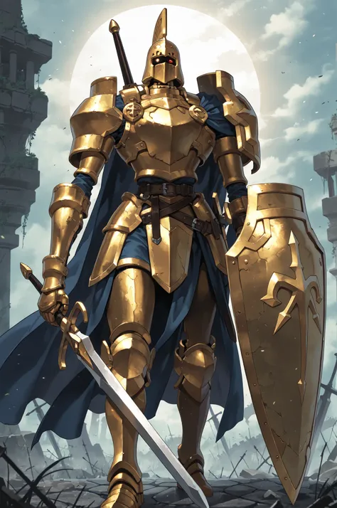 (masterpiece, best quality:1.2), highly detailed, fantasy theme, solo, 1 golem , golden armor, bearer heavy shield and long sword  a  ruins on background, fan art, 